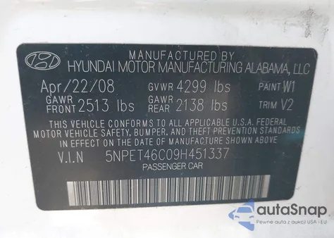 2009 Hyundai Sonata Gls z USA, uszkodzony, nr VIN 5NPET46C09H451337